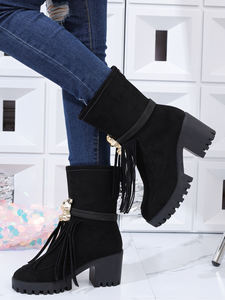New Arrival Women's <strong>Black</strong> <strong>Ankle</strong> Boots with Fringe <strong>Gold</strong> Decorative Buckle Chunky Heel Fashion <strong>Booties</strong> - Product Image 4