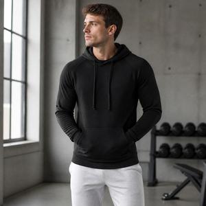 Sweat-shirt à capuche pour homme, noir, manches raglan, tissu tricoté, poche fonctionnelle, coupe classique, décontracté, pour l'automne - Product Image 2
