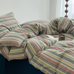 Juego de Ropa de Cama de Algodón Lavado Vintage de 4 Piezas, Juego de Funda Nórdica a Rayas Retro, Ropa de Cama Transpirable y Suave para Hotel o Casa de Campo Moderna - Product Image 5