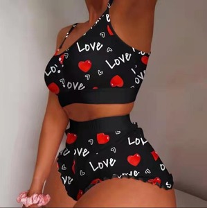 <span class=keywords><strong>Ensemble</strong></span> pyjama 2 pièces pour femmes et jeunes filles, tenue d'intérieur et de nuit mignonne, comprenant un haut caraco et un short, à prix abordable - Product Image 1