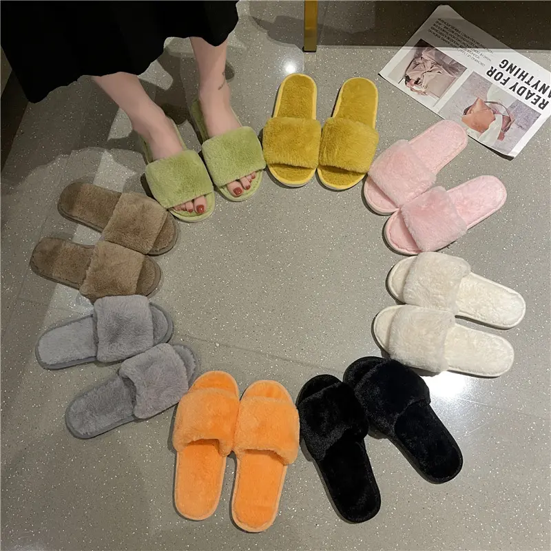 Sandales Maomao pour femmes, chaussures d'hiver, à bout ouvert, en peluche, coloris acidulés, tongs chaudes et douces, collection 2020