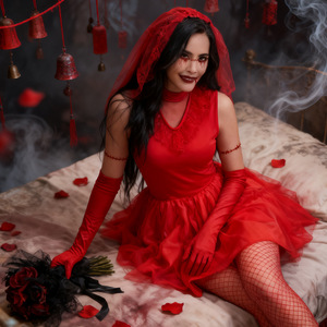 Disfraz de novia zombi, vestido rojo para Halloween, disfraz de cosplay para mujer, vestido de fiesta para adultos con velo y guantes - Product Image 2