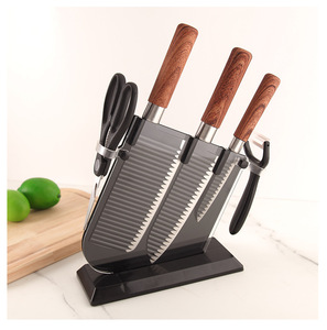 Ensemble de 6 couteaux en acier inoxydable ondulé noir avec manches en <span class=keywords><strong>bois</strong></span>, compatibles lave-vaisselle, <span class=keywords><strong>ciseaux</strong></span> ambidextres, éplucheur translucide fumé - Product Image 2