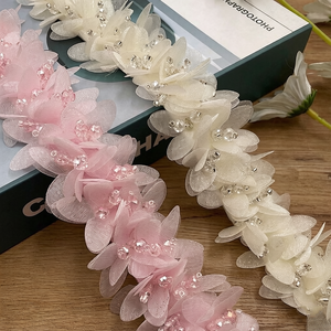 Apliques de Renda Africana Estilo Coreano com Flores 3D, Lantejoulas e Strass Costurados à Mão, com Corrente para Acessórios de Joalheria DIY - Product Image 1