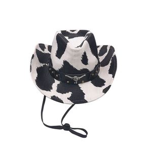 Retro Western Cowgirl Cowboy <b>Hat</b> Cow Pattern Style Straw <b>Hats</b> White Wide Brim <b>Hat</b> - Product Image 3