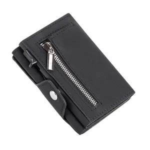 Custom Design Rfid Blocking Trifold Alloy Business Casual Coin Purse Leather Metal Card Holder Wallet