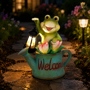 Figurine de <span class=keywords><strong>grenouille</strong></span> solaire en résine écologique de 9,84 pouces avec lanterne LED et arrosoir de bienvenue pour la décoration de jardin extérieur - Product Image 1