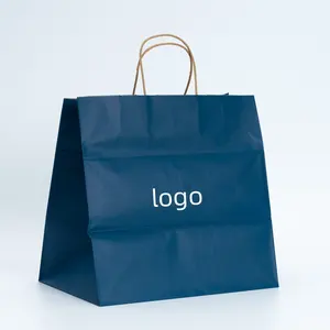 Vente en gros, logo personnalisé, fourre-tout avec poignée en corde biodégradable réutilisable écologique, sac à provisions en papier kraft bleu