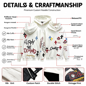 Sudadera con capucha de pana ligera de lujo, nueva colección primavera, con etiqueta de cuero cruzada, letras con grafiti, doble bolsillo y efecto salpicado de tinta, a la moda. - Product Image 2