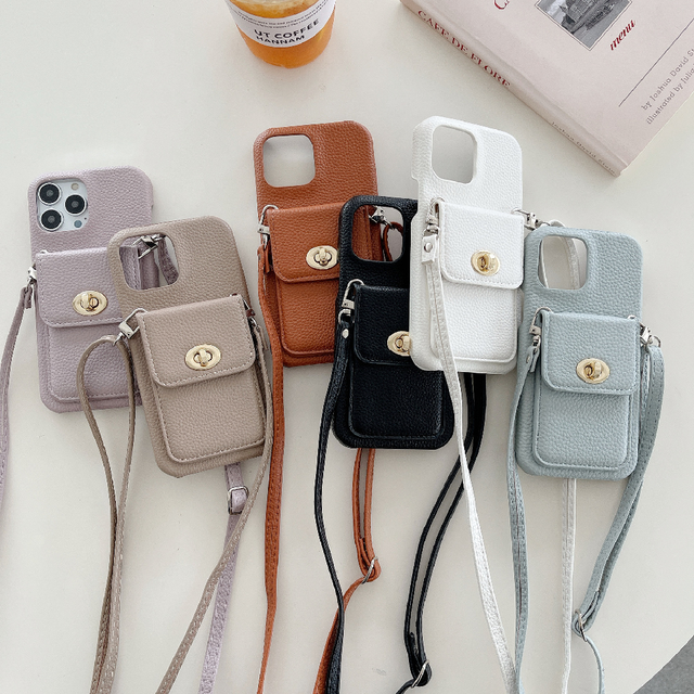 Card Holder Wallet Case with Crossbody Lanyard Chain Lichee Pattern Leather Purse Protective Case for Iphone 15 14 13 12 Pro Max