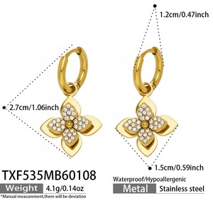 Ensemble de bijoux en acier inoxydable plaqué or PVD, comprenant des boucles d'oreilles, un bracelet, une bague et un collier avec fleur à quatre pétales en zircon tridimensionnelle - Product Image 4