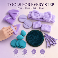 Ensemble de 59 outils de beauté personnalisables avec logo : Bandeau, éponge de maquillage pour le visage, fard à paupières, blush, poudre capillaire et pinceaux de maquillage colorés