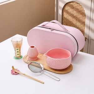 Keramik-Matcha-Tee-Set mit Sakura-Design, 100-Zinken-Bambusbesen (Chasen) & Tee-Tablett, Teezeremonie-Kit in tragbarer Ledertasche - Product Image 1
