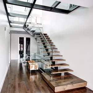 木台阶浮梯现代玻璃栏杆浮木踏楼梯