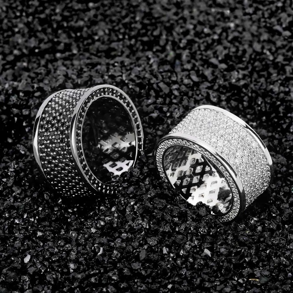 Zwart Verzilverd Iced Out Bling Ring Micro Pave Kubieke Zirkoon Ronde Ringen Hip Hop Rock Sieraden Voor Geschenken Mannen En vrouwen