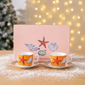 ชุดกาแฟและชาเซรามิกสไตล์เมดิเตอร์เรเนียน ลายปลาดาวสีส้ม ดีไซน์เปลือกหอย ทนทาน ชุดถ้วยน้ำชาพร้อมจานรอง บรรจุในกล่องของขวัญ - Product Image 2