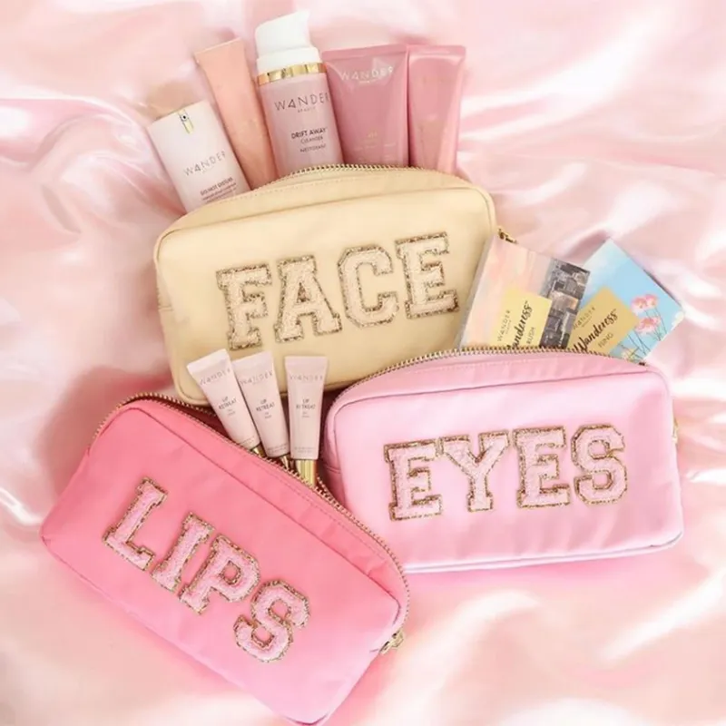 RTS Stock 18 colors Nylon Personalized Glitter Chenille Patches Custom Travel Beach Women Girls Gifts Makeup Small Cosmetic Bag