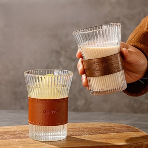 Tasses en verre côtelé de 320 ml avec bande en cuir, verrerie en verre borosilicate de haute qualité, magnifiques tasses à boire pour bar à domicile - Product Image 5