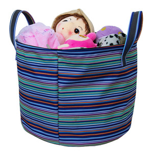 Striped Laundry <b>Basket</b> Round <b>Foldable</b> Polyester Clothing Organizer Storage Bucket For Home Use - Product Image 1