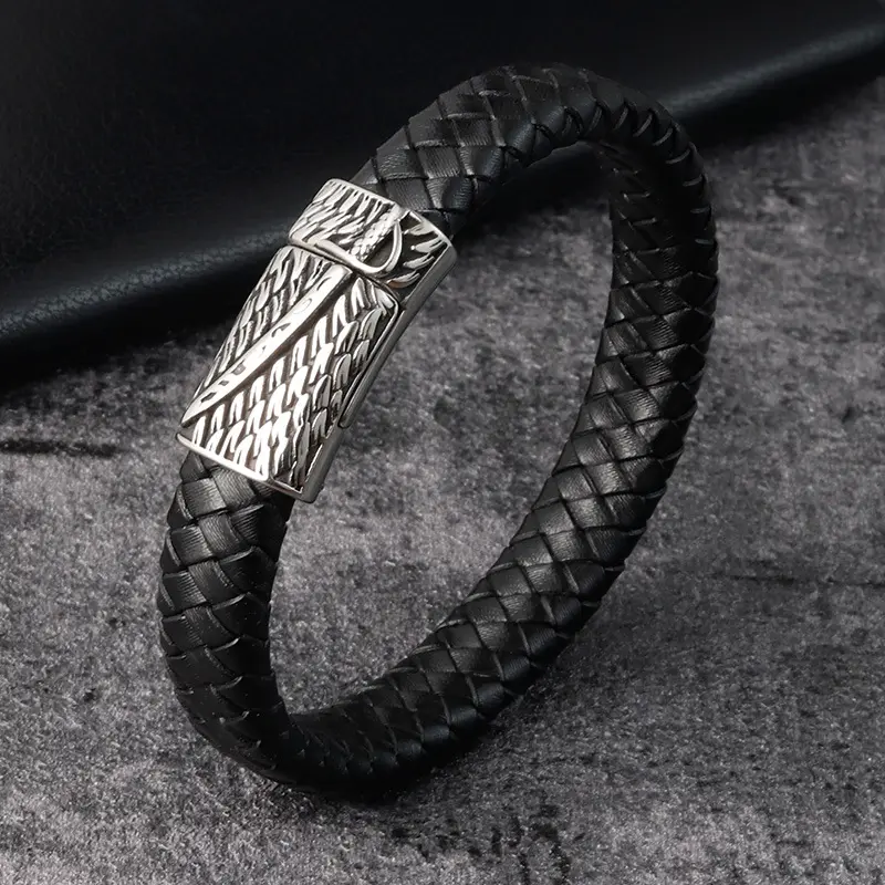 2023 Mannen Luxe Armband 316l Roestvrij Staal Draad Invoegen Zwart Echt Gevlochten Lederen Armband Designer Sieraden Voor Mannen
