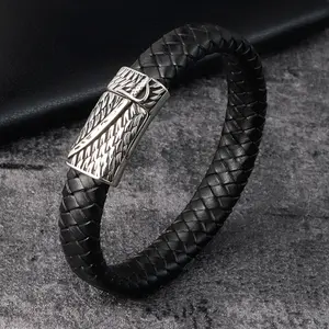2023 Men Luxury Bracelet 316L Stainless Steel Wire Insert Black Genuine Braided Leather Bracelet Designer Jewelry for Men