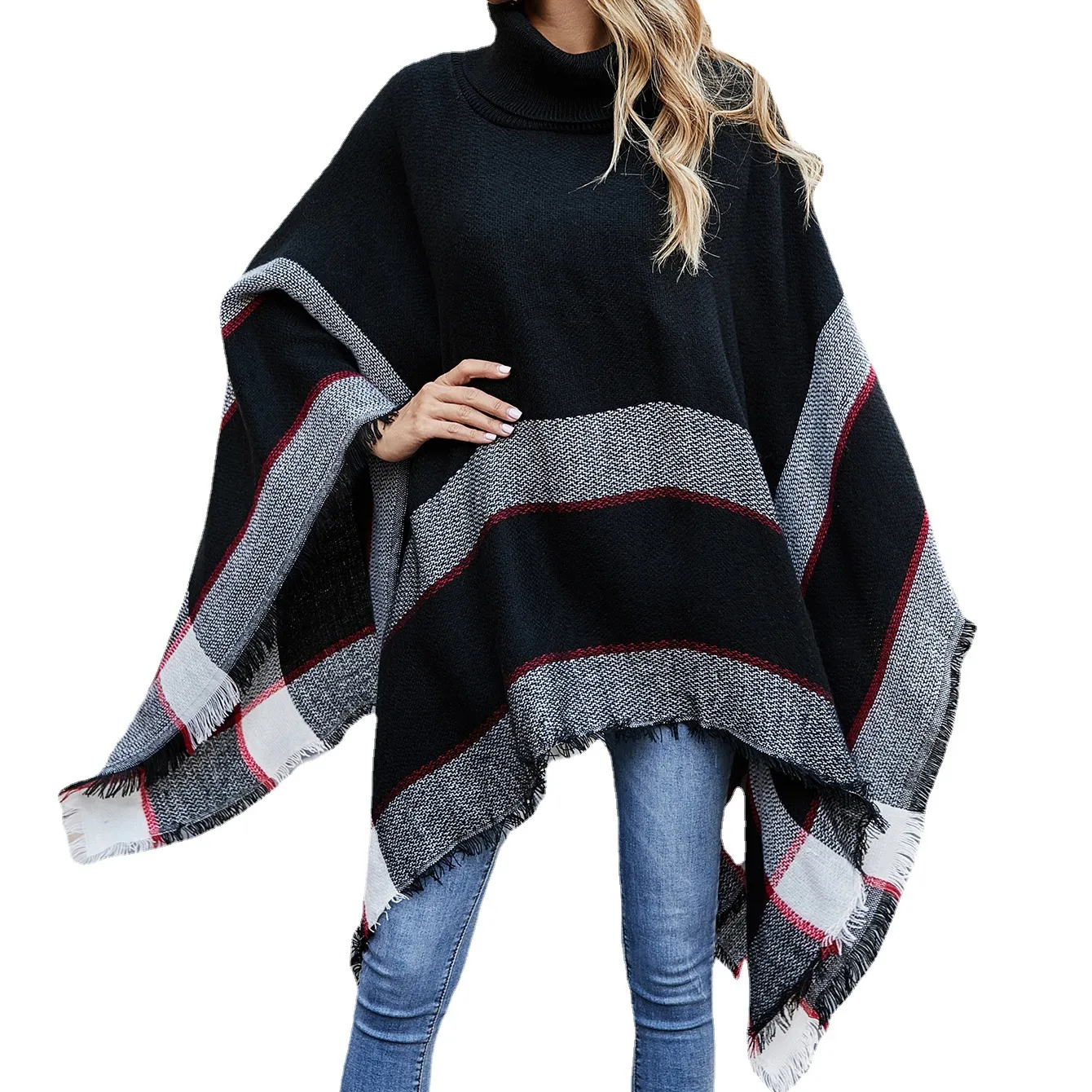 Suéter Vintage para mujer, capa de cuello alto, manga de murciélago, a cuadros, patrón de rayas con borlas, suéter largo de punto, Poncho