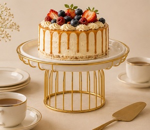 Round Metal <b>Cake</b> <b>Stand</b> With Gold Wire Base White Plate Reusable Dessert Display For Home Use - Product Image 3
