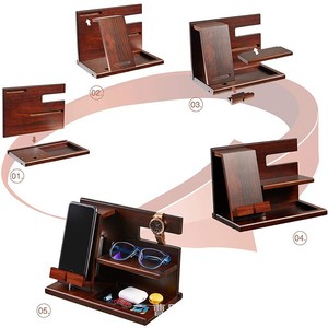Soporte de madera para teléfono de escritorio, estación de acoplamiento multifuncional, soporte para exhibición de relojes, color marrón - Product Image 2