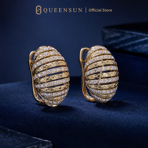 Pendientes <span class=keywords><strong>de</strong></span> Oro Sólido <span class=keywords><strong>de</strong></span> 9K con Diamantes en Forma Ovalada, Diseño Acanalado con Pavé Diagonal, Clip Francés, Pendientes <span class=keywords><strong>de</strong></span> Lujo <span class=keywords><strong>para</strong></span> <span class=keywords><strong>Mujer</strong></span> - Product Image 3