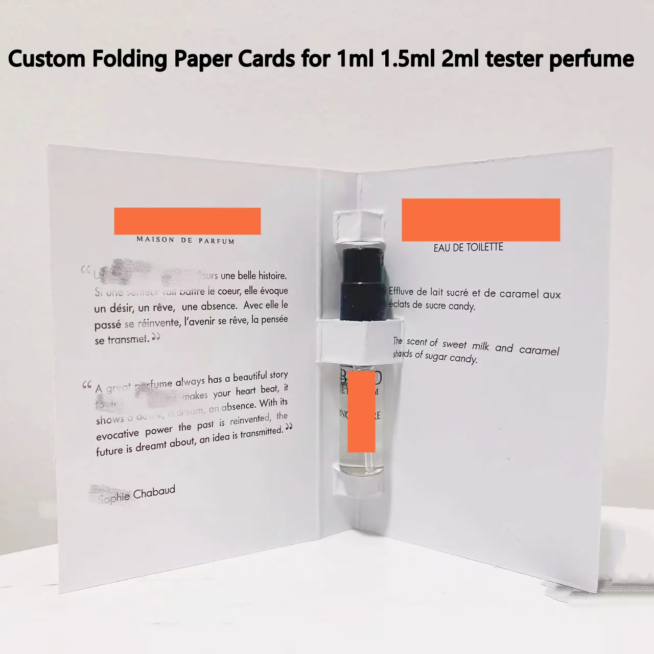 Boîte d'emballage personnalisée porte-papier carte pour échantillon de 1ml 2ml flacon de parfum en verre bouteille