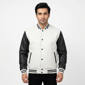 Custom Design <b>White</b> Leather & Wool Winter Sheep Fur Baseball Letterman Varsity <b>Jackets</b> for <b>Men</b> College - Product Image 1