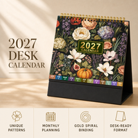 Calendrier de bureau anglais 2027, 12 mois, avec feuille d'autocollants, reliure spirale, planificateur de table, papier couché