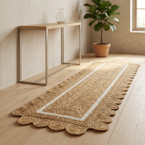 Hand-Braided Jute Rug <b>Runner</b> With Scalloped Edge Farmhouse Style Hallway <b>Mat</b> Natural Color Non-Slip Backing - Product Image 3