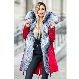 Fashion Red Color Natural Fox Fur Parkas with Hood Thick Warm Fur Overcoat Luxury 2023 New Trendy Fox Fur Parka Female Outwear