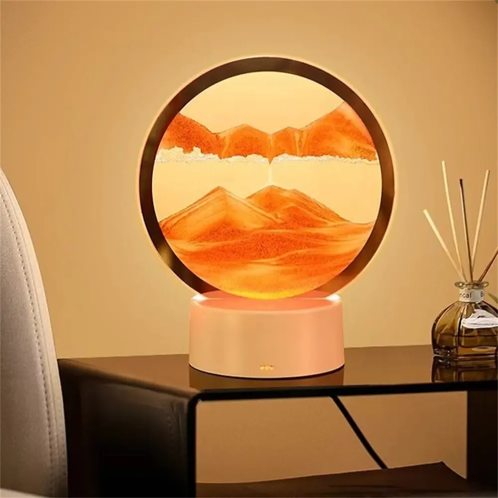 Lámpara LED de mesa de cristal con pintura de arena movediza, reloj de arena artístico, luz de noche redonda para cabecera, pintura dinámica