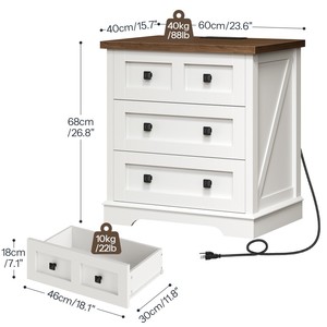 <span class=keywords><strong>Table</strong></span> de chevet de ferme blanche à 3 tiroirs, grande <span class=keywords><strong>table</strong></span> d'appoint avec station de charge, <span class=keywords><strong>table</strong></span> de chevet en bois avec dessus en noyer - Product Image 2
