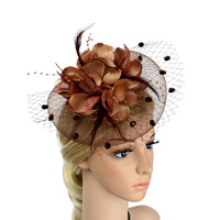 Fascinator en maille élastique de style européen et américain, avec fleurs et plumes, pour fête du thé, bandeau de mariée avec voile, pour femme