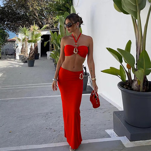 Conjunto de Bikini de 3 Piezas para Mujer, con Detalles Metálicos Dorados, Secado Rápido, Transpirable, Spandex/Nylon, Falda Larga Maxi para Playa - Product Image 1