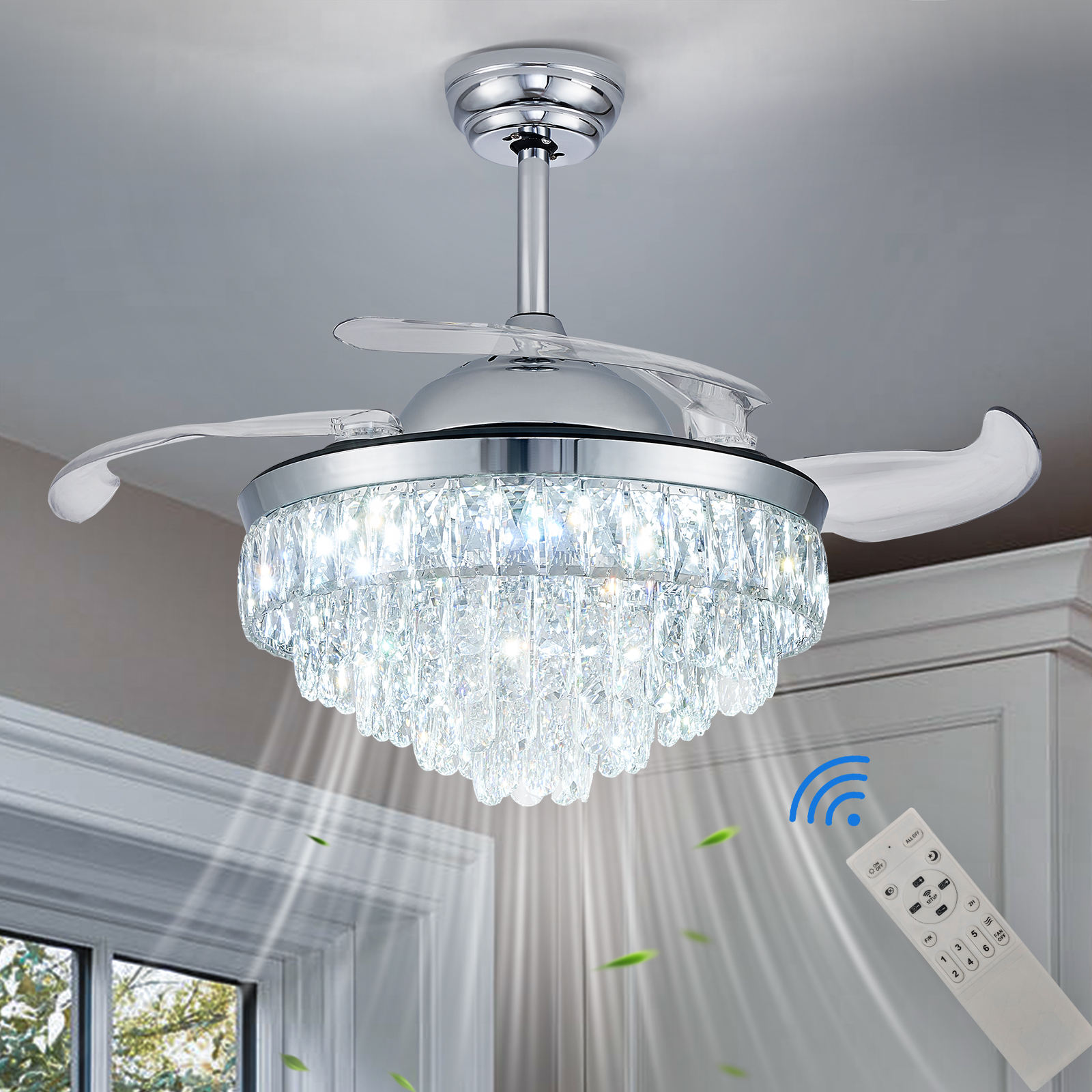 220V 42 Inch Modern Crystal Chandeliers Retractable LED Bladeless Ceiling Fan Lamp Remote Motor 6-Speed Living Room