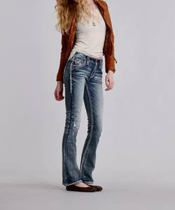 Pantalones vaqueros ajustados de cintura media con volantes de patchwork, 100% algodón, lavado oscuro, diseño bordado - Product Image 3