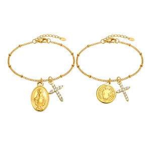Bracelet religieux en acier inoxydable 316L et or 18 carats pour femme, avec breloques croix en zircon cubique, Vierge <span class=keywords><strong>Marie</strong></span> et Saint Benoît, bijoux Satellite - Product Image 1