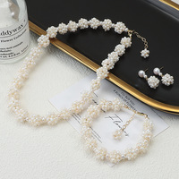 Set Perhiasan Mutiara Air Tawar Alami Bentuk Bunga, Kalung Tungsten Rantai Klavikula, Gelang Popcorn, Anting, dan Rantai Tangan Anyaman