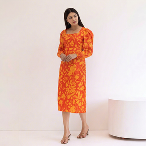 Robe midi à imprimé floral avec manches bouffantes, col carré, silhouette fourreau, robe décontractée d'été en polyester tissé ajustée - Product Image 1