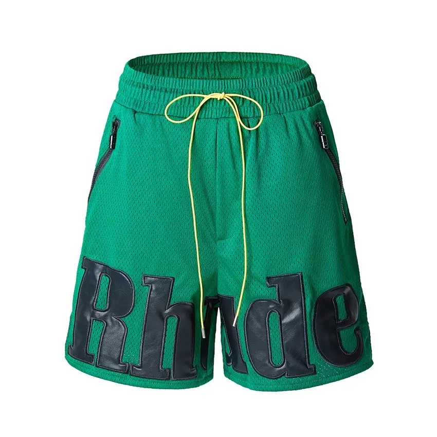 2023 New Fashion Applique leather embroidery logo green summer shorts men mesh running shorts double layer mesh shorts