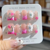 Qianya Wholesale Faux Ongles à Presser Forme Canard, Motif Papillon et Strass, Faits Main, Style Pure Desire, 10 Pièces