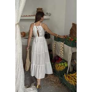 Vestido de corte A con cintura elástica, cuello halter y cinturón, tejido transpirable para uso diario informal - Product Image 1