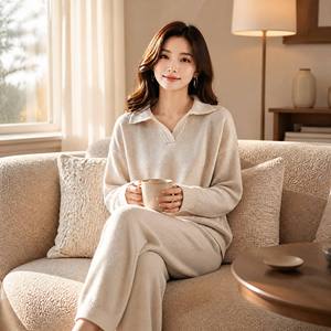 Set Loungewear in Cashmere Lavorato a Maglia, Maglione con Collo a Polo e Pantaloni a Gamba Larga, Vestibilità Comoda, Tonalità Neutre, Completo Due Pezzi Autunno Inverno - Product Image 6