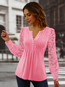 Blusa de Mujer Tallas Grandes Casual Rosa Vibrante de Fibra de Leche con Encaje, Manga Linterna, Cuello V Festoneado, Botones Delanteros y Pliegues para Primavera/Otoño - Product Image 1