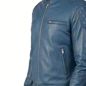 Men's Gatsby Blue Aniline Zipper <b>Biker</b> <b>Jacket</b> <b>Real</b> Sheepskin <b>Leather</b> with Quilted Winter Fabric XL - Product Image 2