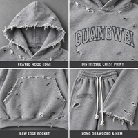 Ensemble sweat à capuche gris délavé et pantalon de jogging décontracté sur mesure OEM avec détails déchirés pour la mode urbaine et la vente au détail